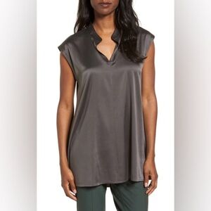 Eileen Fisher Stretch Silk Charmeuse Cap Sleeve Top | Size Small | Dark Gray